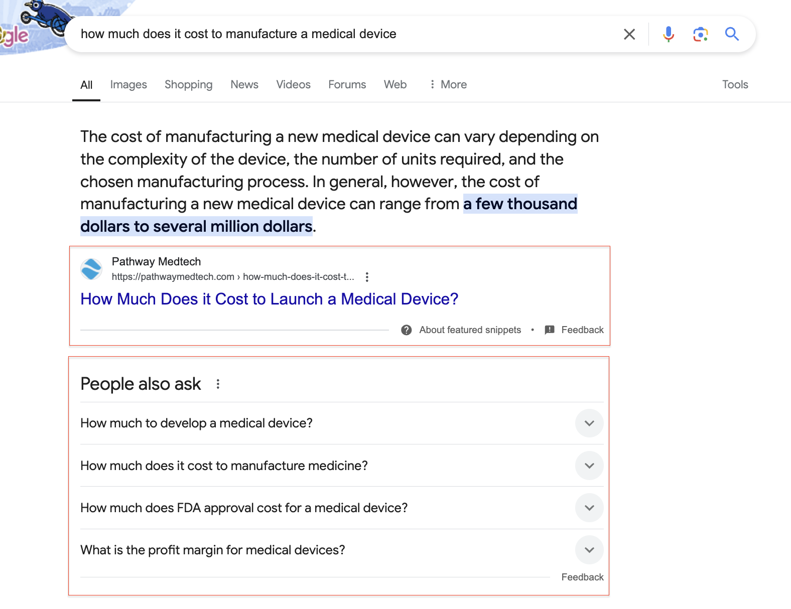 how much does it cost to manufacture a medical device?